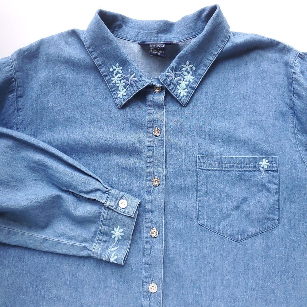 VTG Embroidered Chambray Denim Shirt Womens Plus 22/24 Blue Flowers Cotton